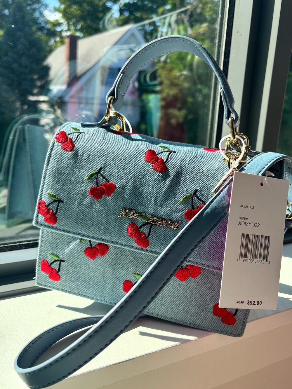 Betsey Johnson Light Blue Denim Mini Bag with Red Cherry Embroidery